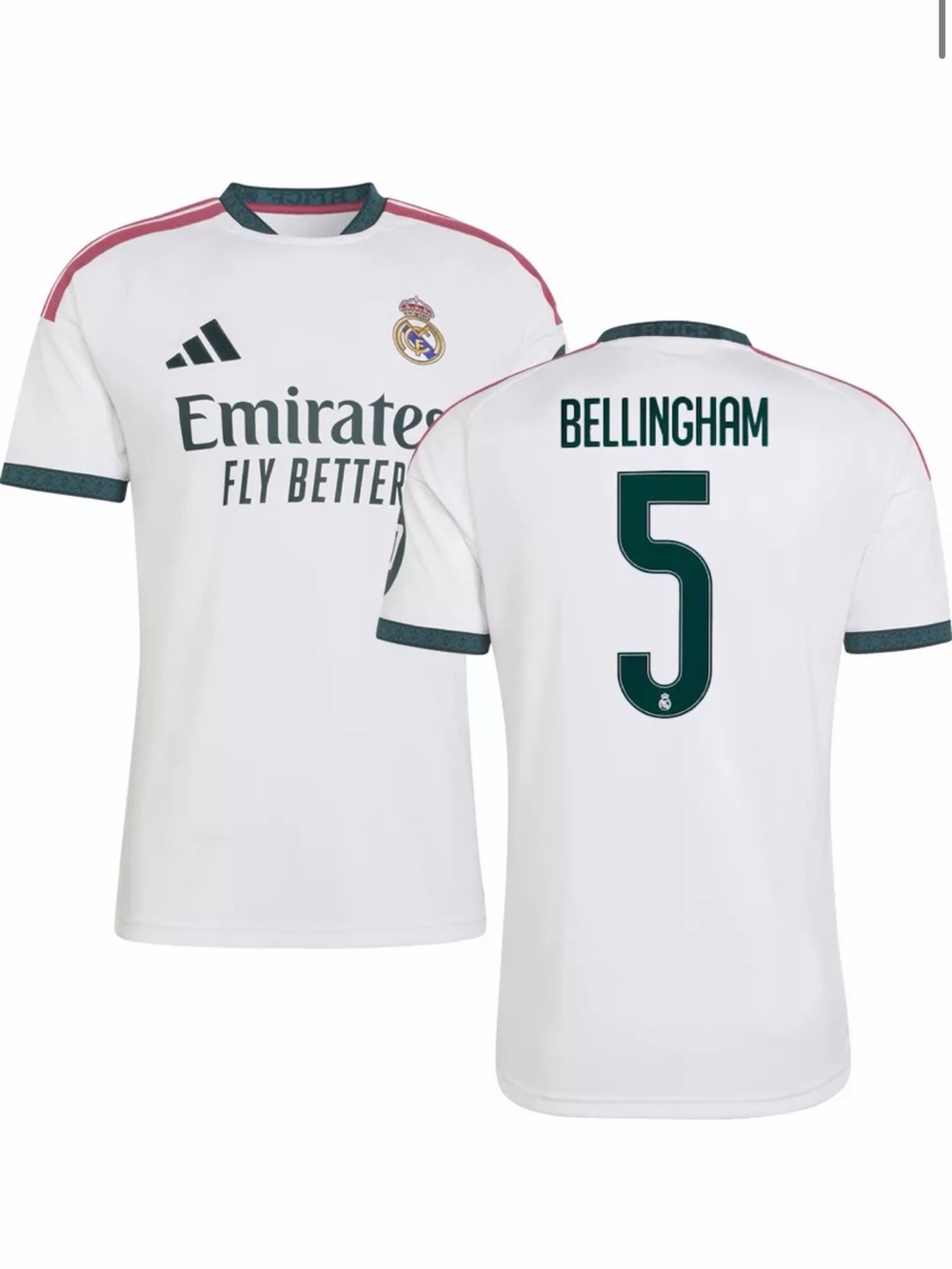 Real Madrid Men’s Home Jersey - White with Dark Green Trim (Bellingham 5)